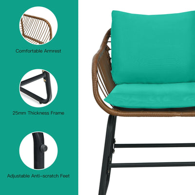 3 Pieces Patio Rattan Bistro Set with Cushions and Glass Table-Turquoise