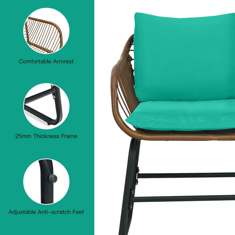 3 Pieces Patio Rattan Bistro Set with Cushions and Glass Table-Turquoise