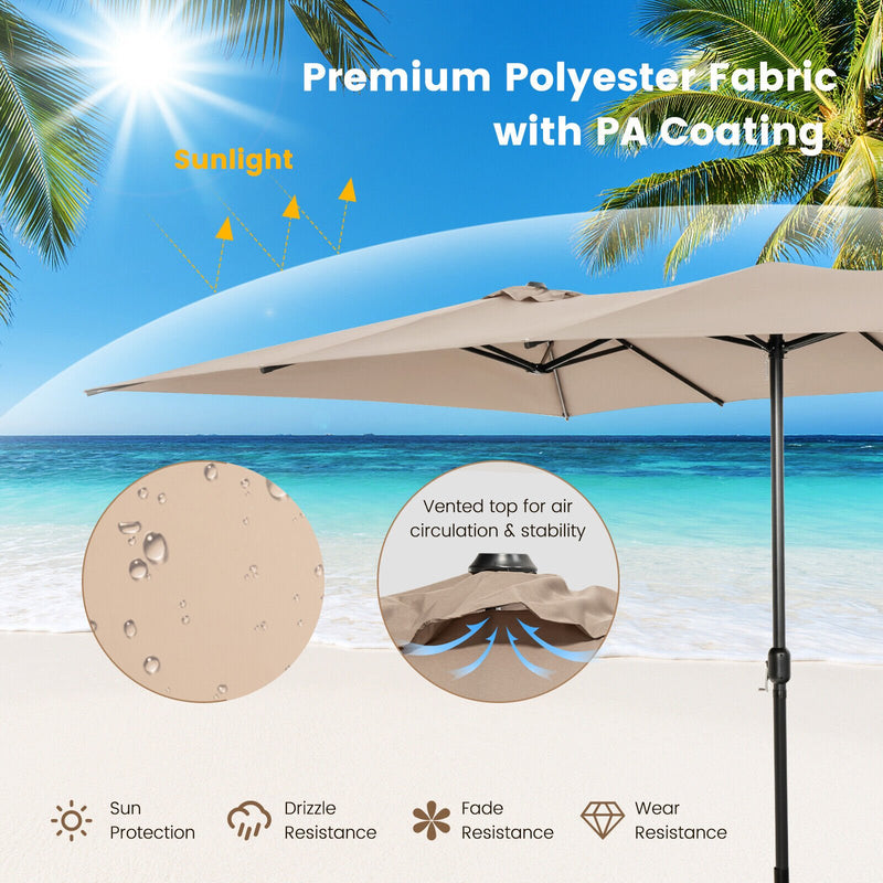 15 Feet Double-Sized Patio Umbrella with Crank Handle and Vented Tops-Brown