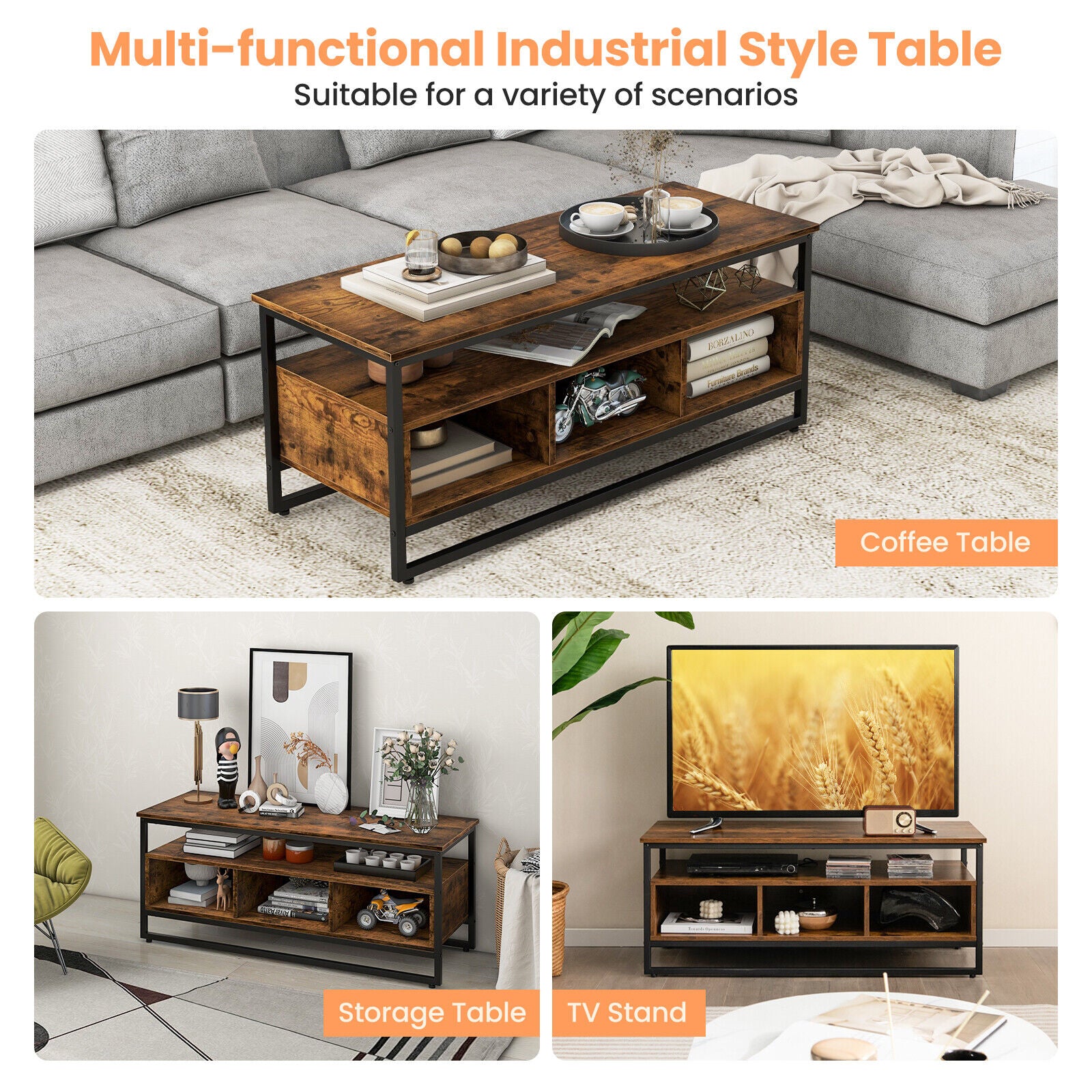 3-Tier Industrial Style Coffee Table with Open Shelf and 3 Storage Cub