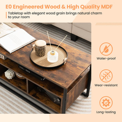 3-Tier Industrial Style Coffee Table with Open Shelf and 3 Storage Cubbies-Rustic Brown
