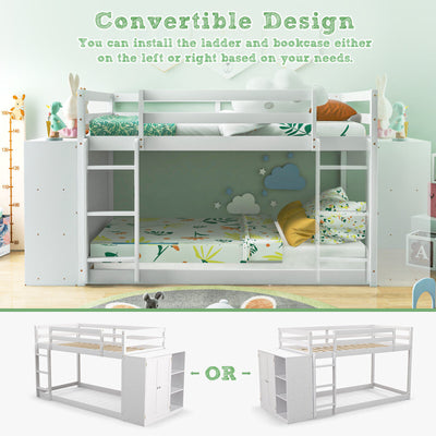 Twin Size Bunk Bed with Convertible Bookcase and Ladder-White