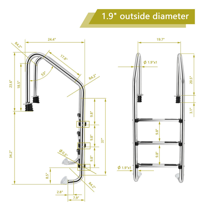 *3-Step Stainless Steel Swimming Pool Ladder with Anti-Slip Step