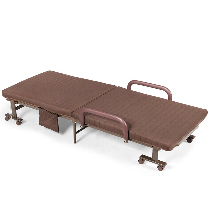 *Adjustable Folding Guest Bed Frame with Mattress and Wheels - Brown