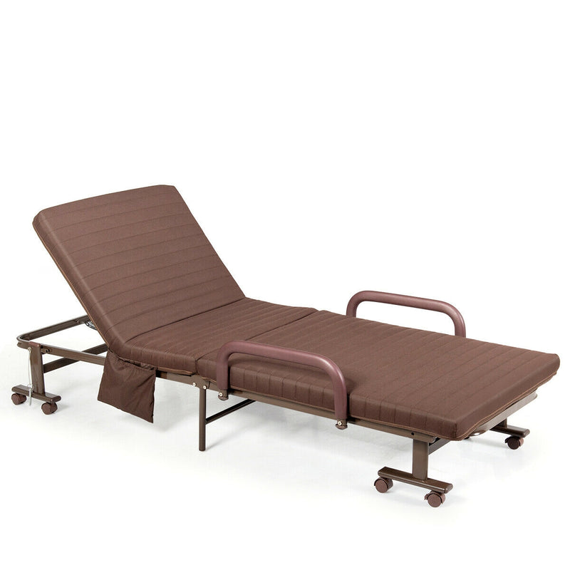 *Adjustable Folding Guest Bed Frame with Mattress and Wheels - Brown