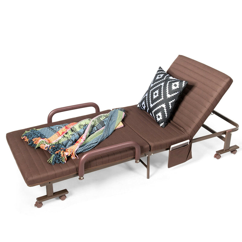 *Adjustable Folding Guest Bed Frame with Mattress and Wheels - Brown