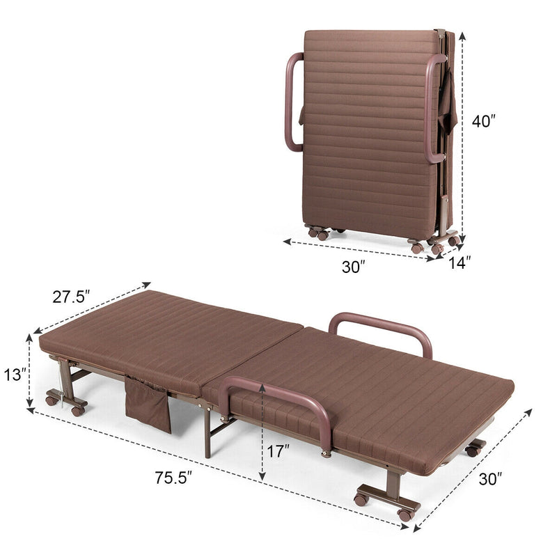 *Adjustable Folding Guest Bed Frame with Mattress and Wheels - Brown