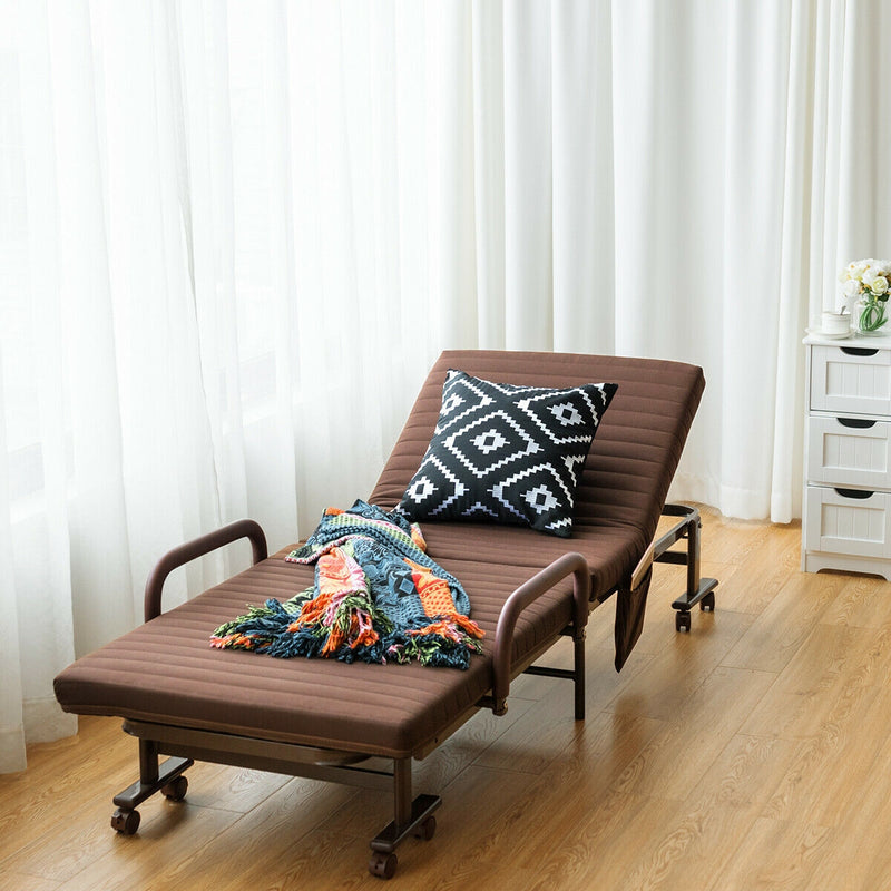 *Adjustable Folding Guest Bed Frame with Mattress and Wheels - Brown