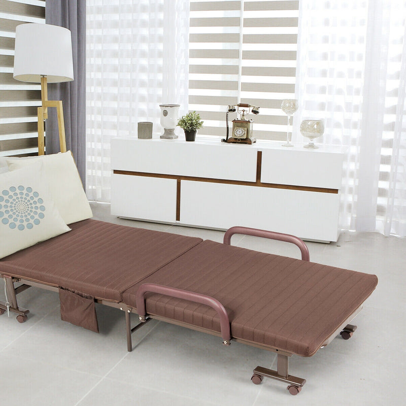 *Adjustable Folding Guest Bed Frame with Mattress and Wheels - Brown