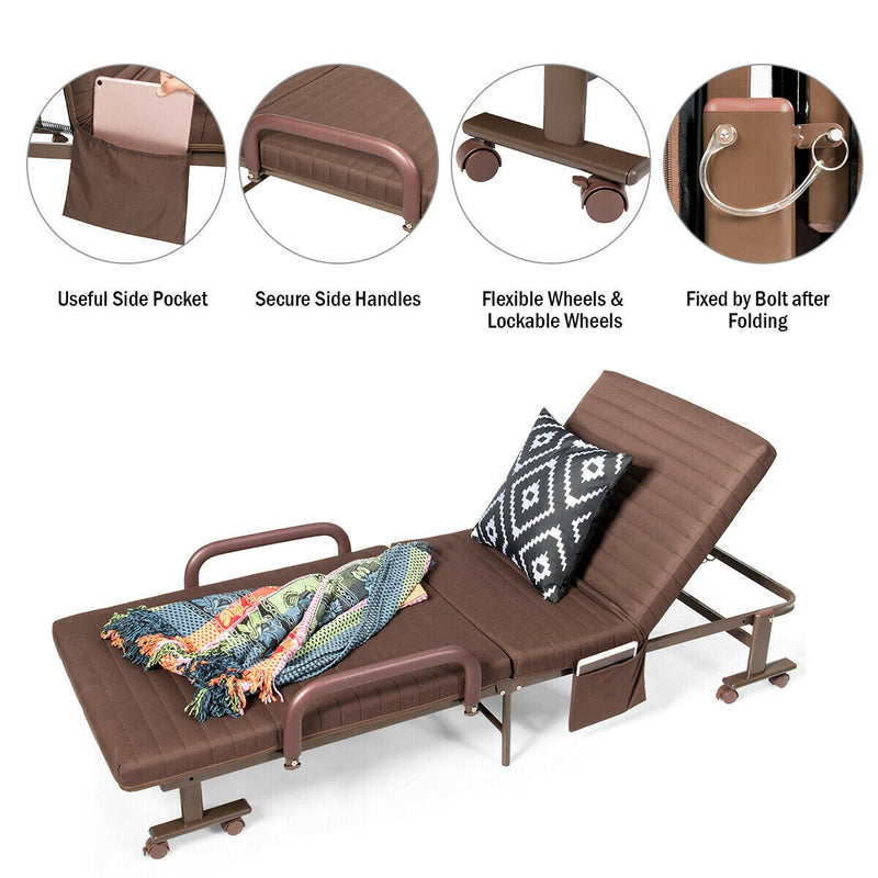 *Adjustable Folding Guest Bed Frame with Mattress and Wheels - Brown