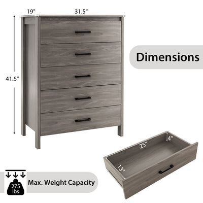 Modern 5-Drawer Multipurpose Chest Dresser with Metal Handles-Gray