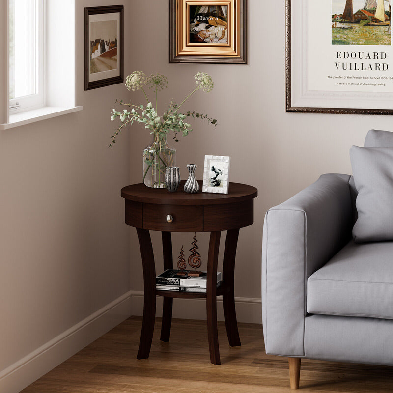 2-Tier Wood Round End Table with Open Drawer-Brown