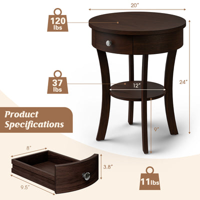 2-Tier Wood Round End Table with Open Drawer-Brown
