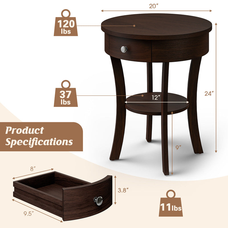 2-Tier Wood Round End Table with Open Drawer-Brown