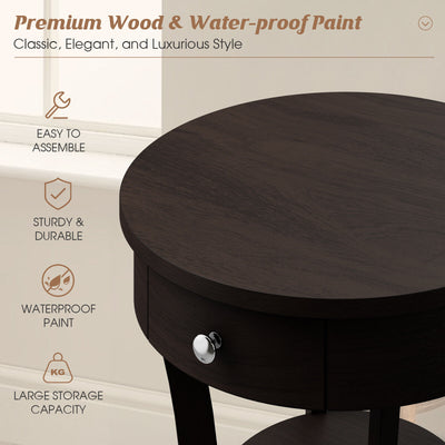 2-Tier Wood Round End Table with Open Drawer-Brown