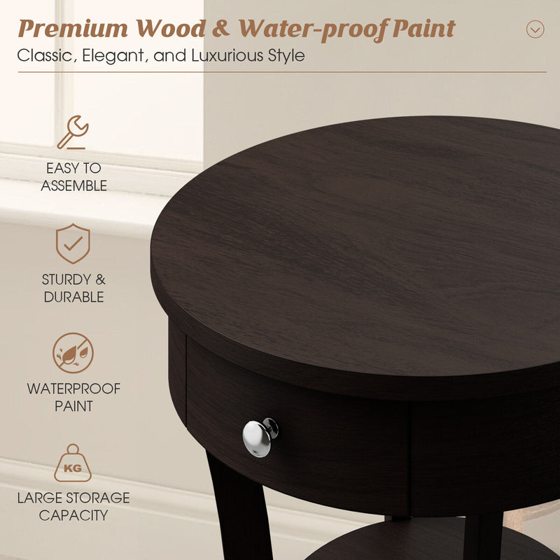 2-Tier Wood Round End Table with Open Drawer-Brown