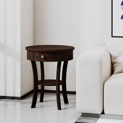 2-Tier Wood Round End Table with Open Drawer-Brown