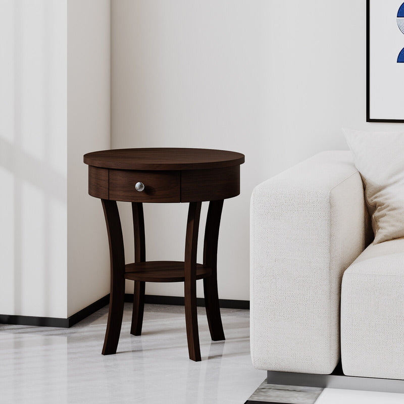 2-Tier Wood Round End Table with Open Drawer-Brown