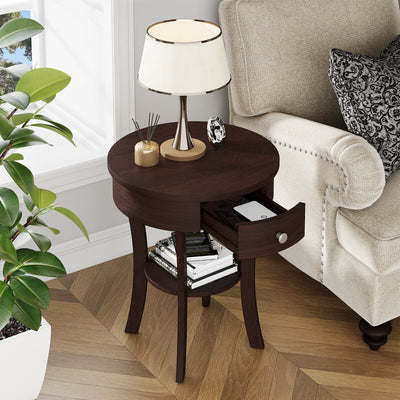 2-Tier Wood Round End Table with Open Drawer-Brown