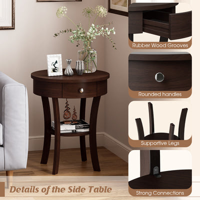 2-Tier Wood Round End Table with Open Drawer-Brown