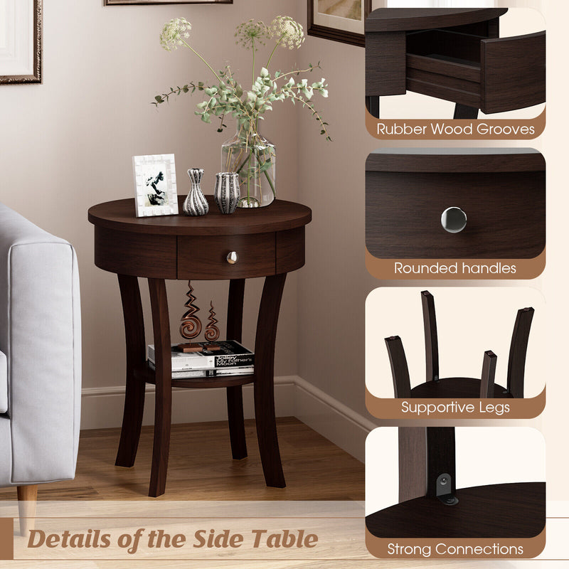 2-Tier Wood Round End Table with Open Drawer-Brown