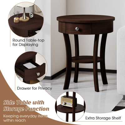 2-Tier Wood Round End Table with Open Drawer-Brown