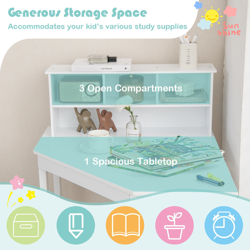 Kids Wooden Corner Desk and Chair Set with Hutch and Storage-White