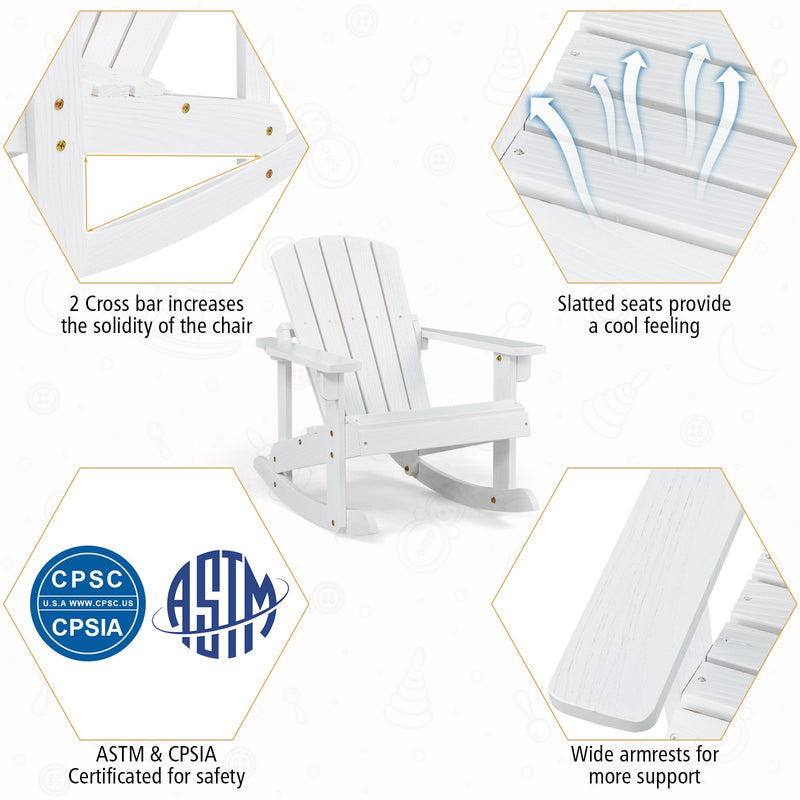 *Outdoor Wooden Kid Adirondack Rocking Chair with Slatted Seat - White