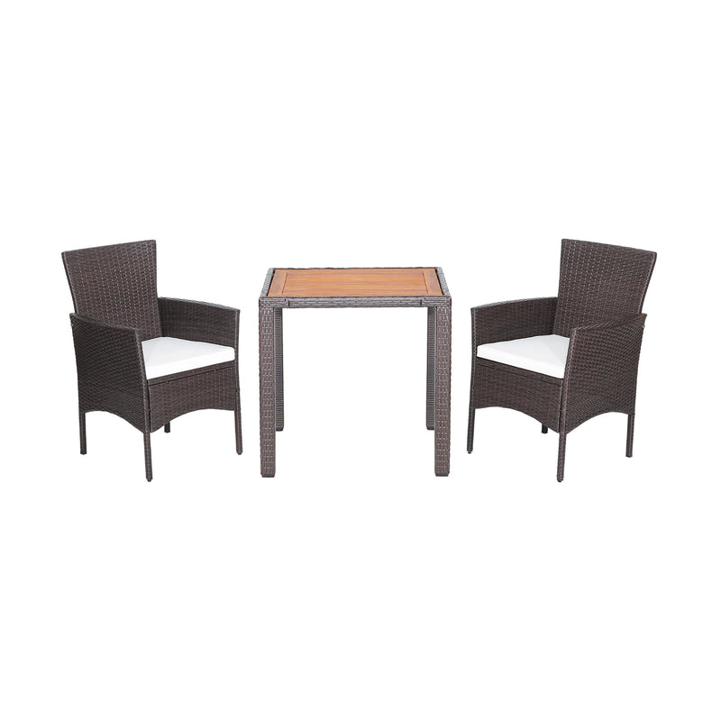 3 Pieces Patio Wicker Furniture Set wih Acacia Wood Table Top and Chair Cushiones