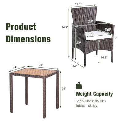 3 Pieces Patio Wicker Furniture Set wih Acacia Wood Table Top and Chair Cushiones