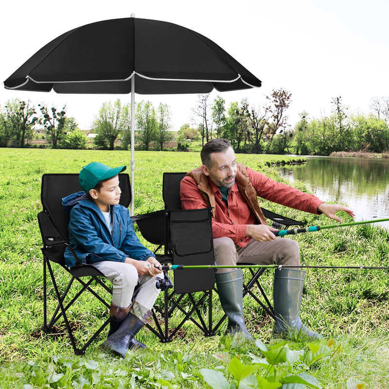 *Portable Folding Picnic Double Chair With Umbrella - Black
