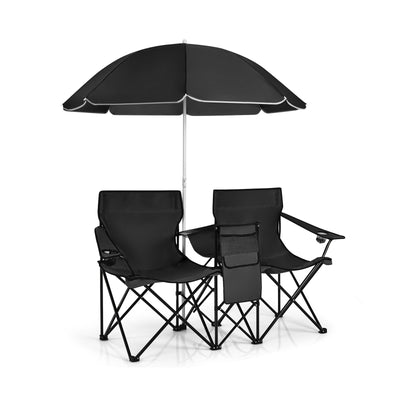 *Portable Folding Picnic Double Chair With Umbrella - Black
