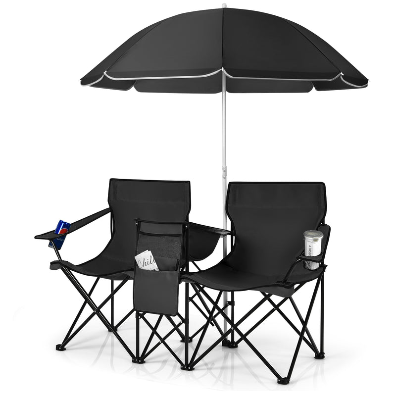 *Portable Folding Picnic Double Chair With Umbrella - Black