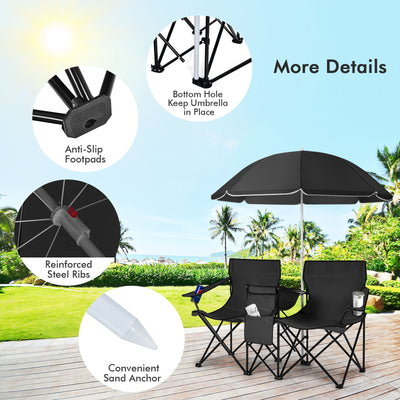 *Portable Folding Picnic Double Chair With Umbrella - Black