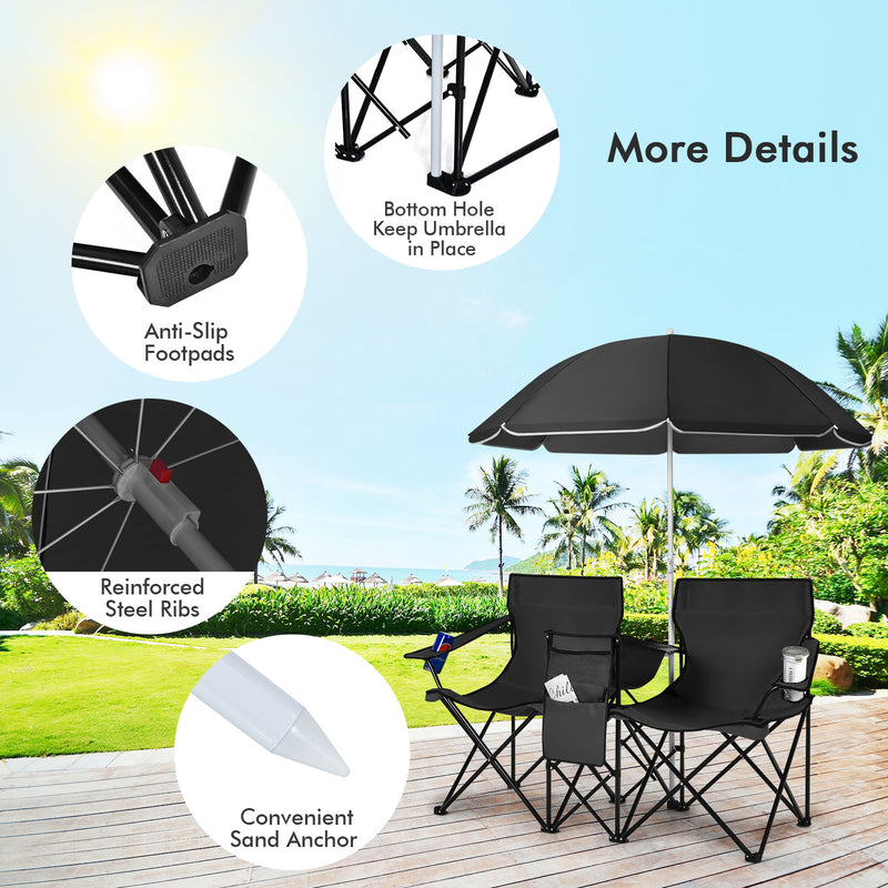*Portable Folding Picnic Double Chair With Umbrella - Black