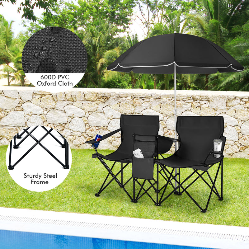 *Portable Folding Picnic Double Chair With Umbrella - Black