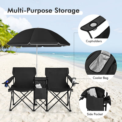 *Portable Folding Picnic Double Chair With Umbrella - Black