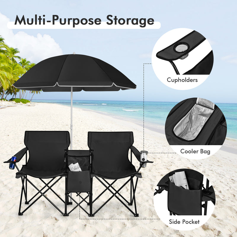*Portable Folding Picnic Double Chair With Umbrella - Black