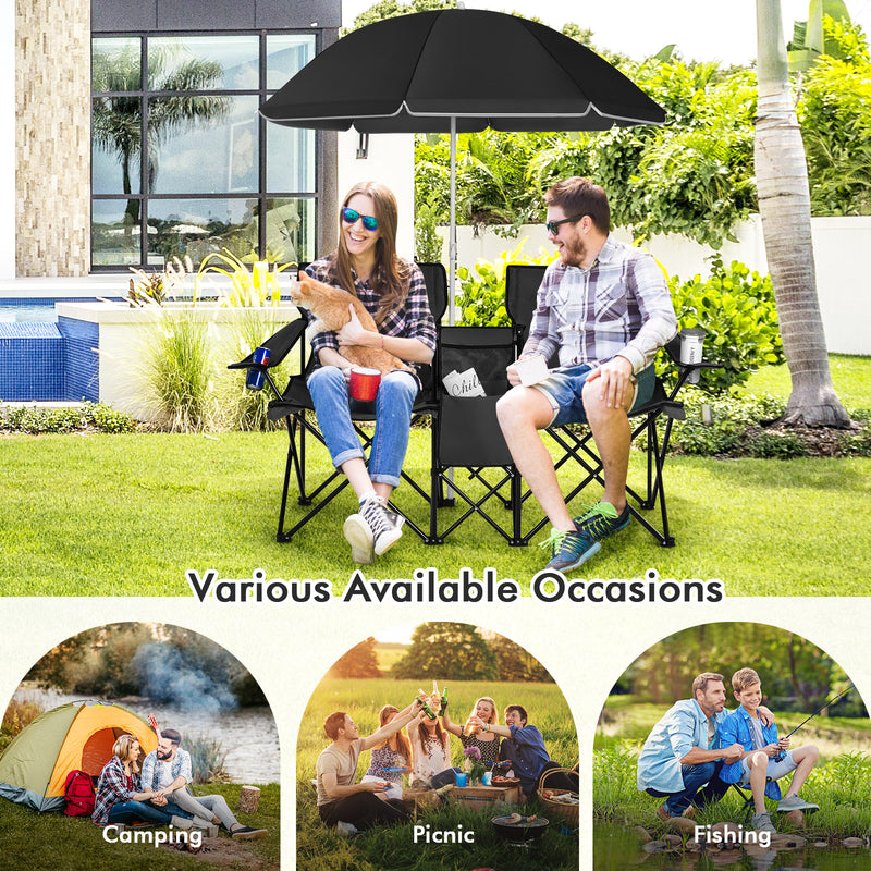 *Portable Folding Picnic Double Chair With Umbrella - Black