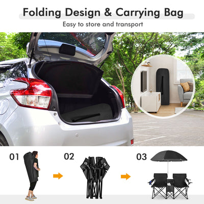 *Portable Folding Picnic Double Chair With Umbrella - Black