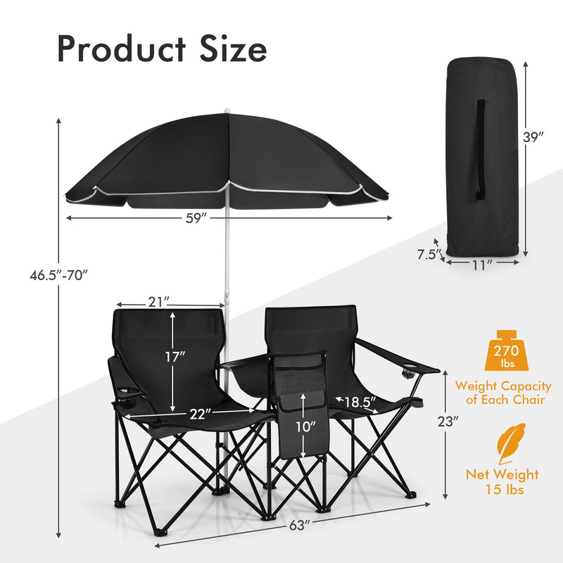 *Portable Folding Picnic Double Chair With Umbrella - Black