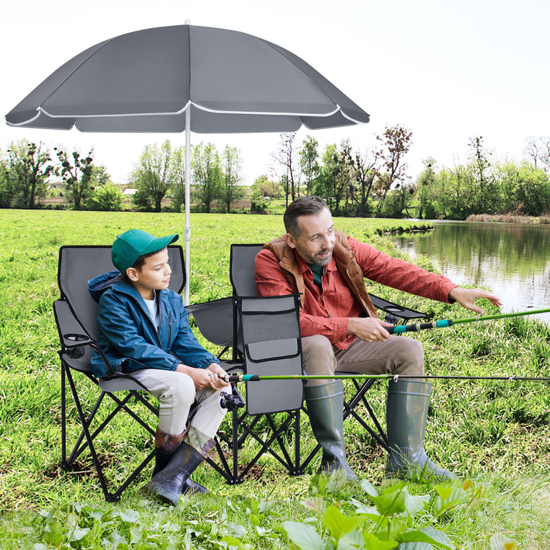 *Portable Folding Picnic Double Chair With Umbrella - Gray