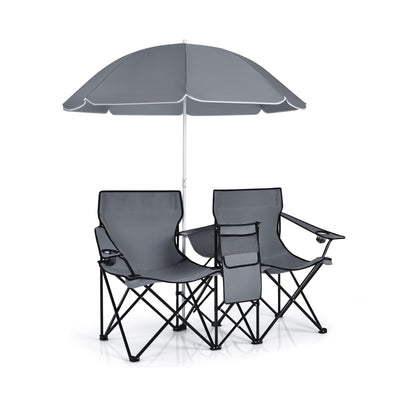 *Portable Folding Picnic Double Chair With Umbrella - Gray