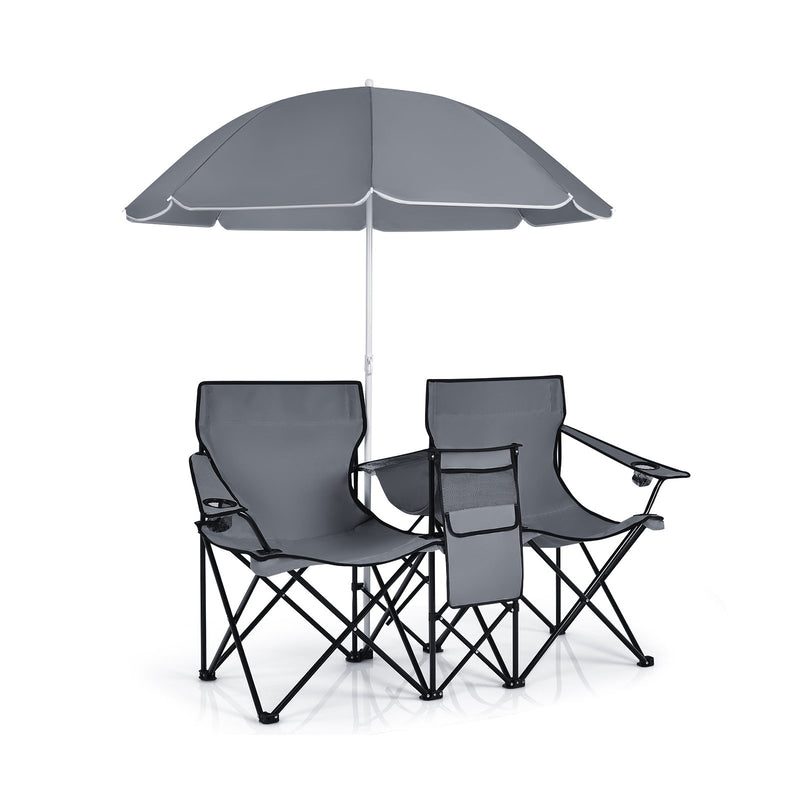 *Portable Folding Picnic Double Chair With Umbrella - Gray