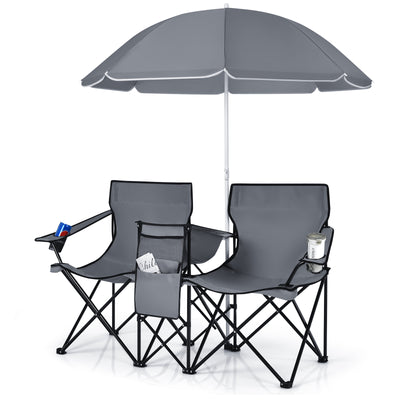 *Portable Folding Picnic Double Chair With Umbrella - Gray