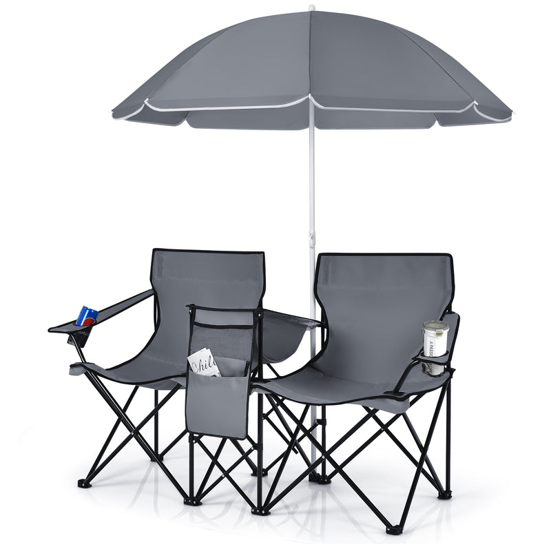 *Portable Folding Picnic Double Chair With Umbrella - Gray
