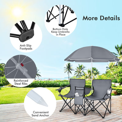 *Portable Folding Picnic Double Chair With Umbrella - Gray