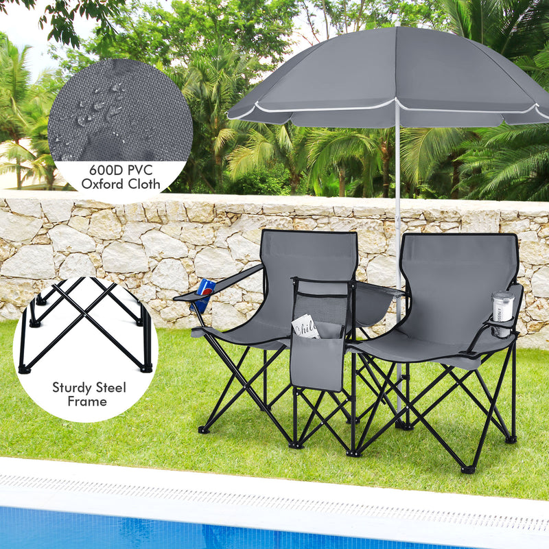 *Portable Folding Picnic Double Chair With Umbrella - Gray