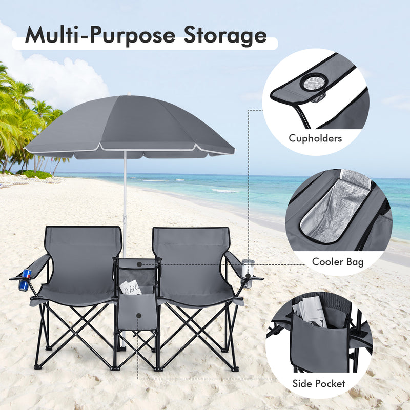 *Portable Folding Picnic Double Chair With Umbrella - Gray