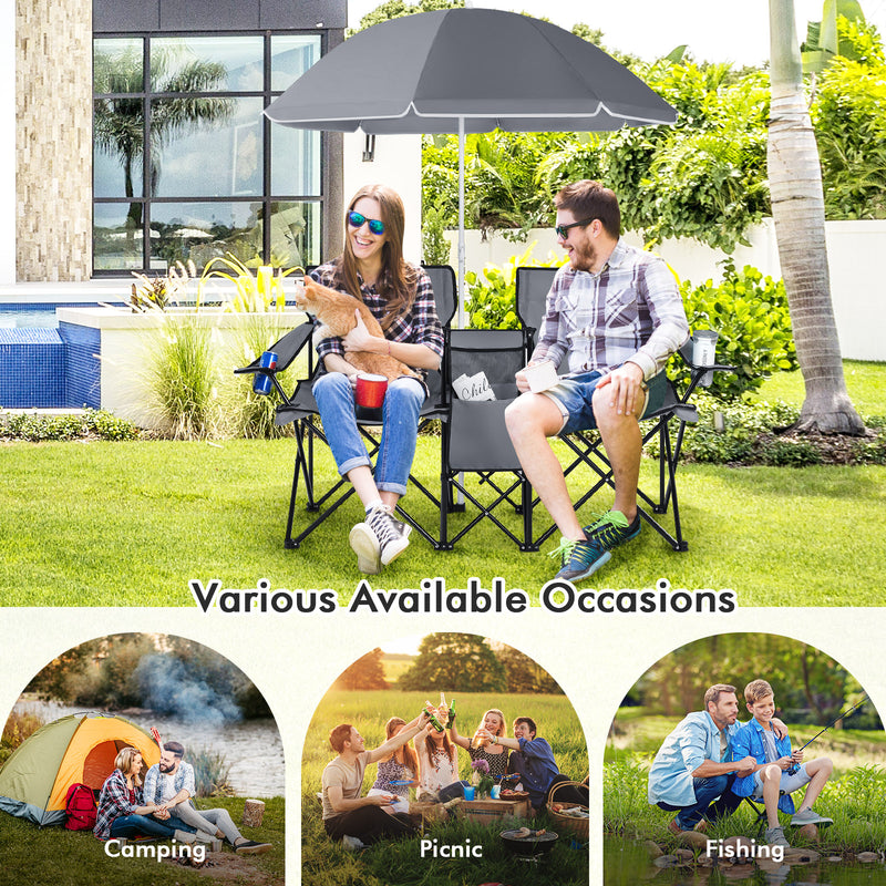 *Portable Folding Picnic Double Chair With Umbrella - Gray